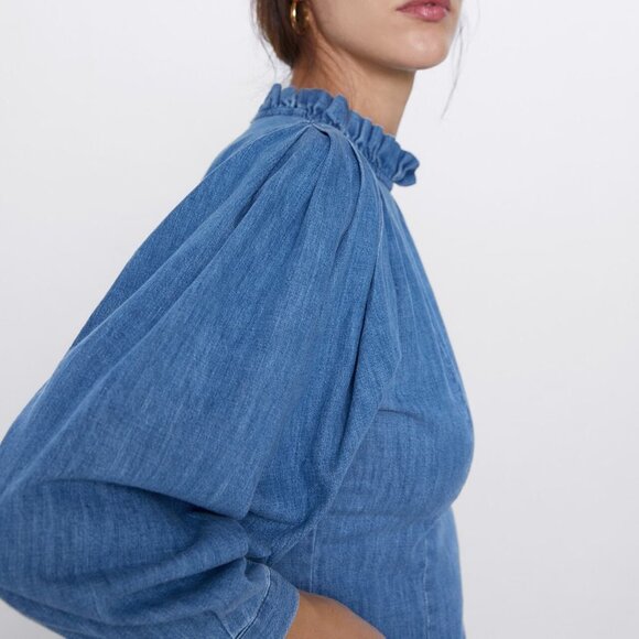 Zara NWT Denim Peasant Blouse - Picture 2 of 9